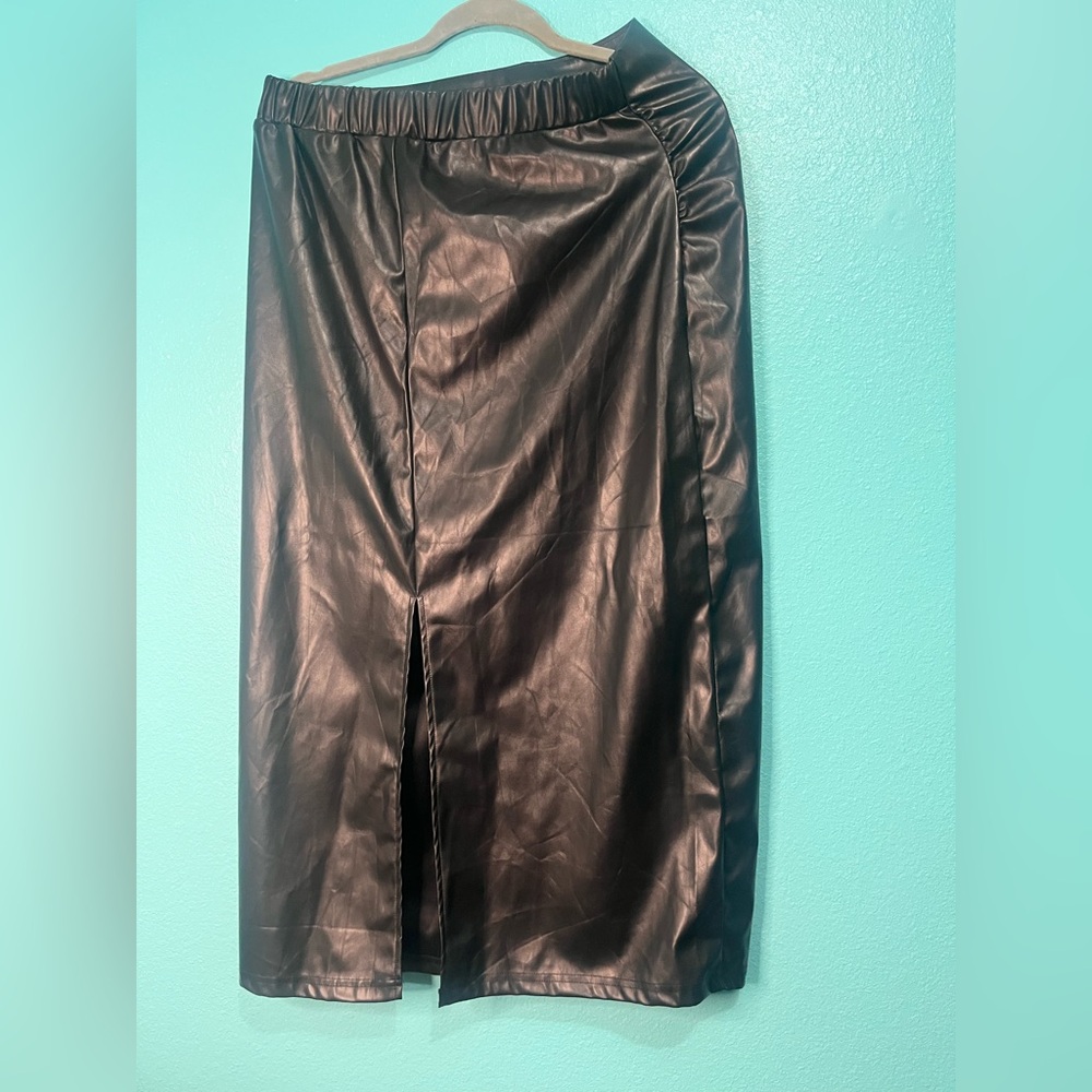 Black Faux Leather Midi Skirt - Women's